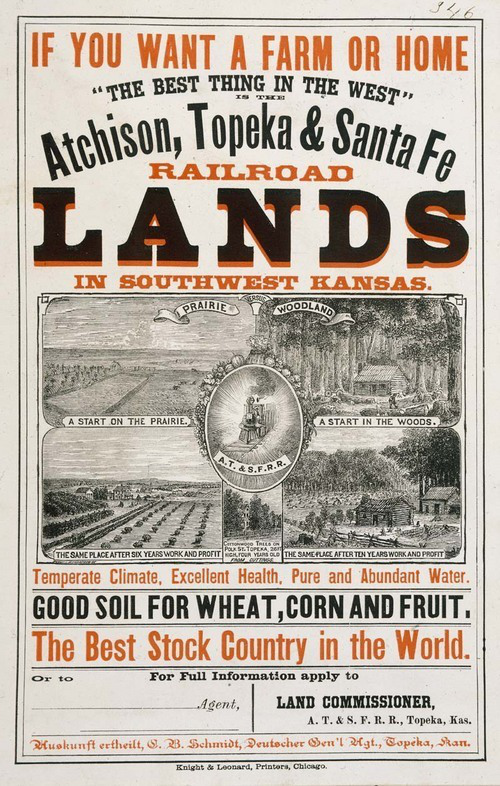 Two-color poster (orange and black) with black and white woodcuts of Kansas images, and the slogan 'If you want a farm or home the best thing in the west is the Atchison, Topeka & Santa Fe Railroad'